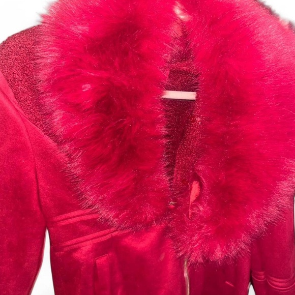 coat Jackets & Blazers - Elegant Red Faux Fur Collar Trench Coat